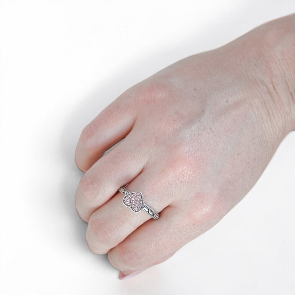 Brighton Rock Romance Filigree Ring Pink Crystal Pave Heart Silver Retired SZ 9 - Picture 5 of 5